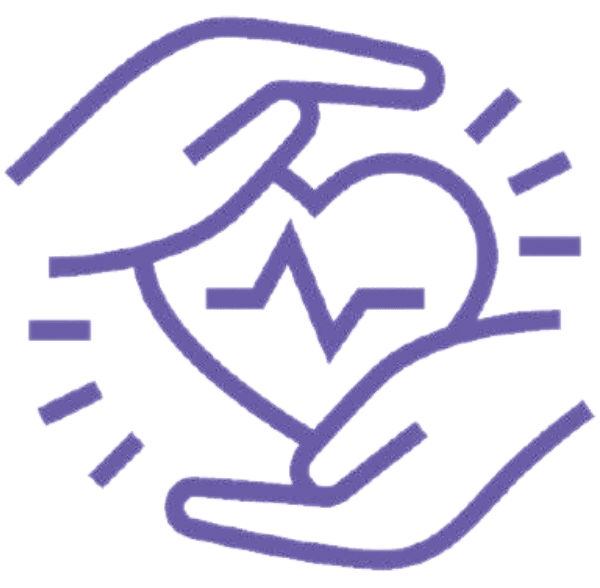 A health icon representing a heart with vital signs being held by hands