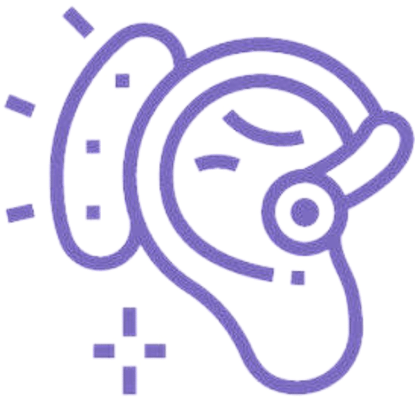 An icon of an ear with a hearing aid over the ear