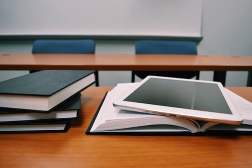 classroom with books an tablet 